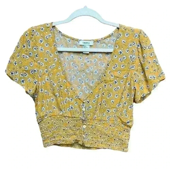 Forever 21 yellow white smocked floral print cropped v neck short sleeve top L - Picture 1 of 8